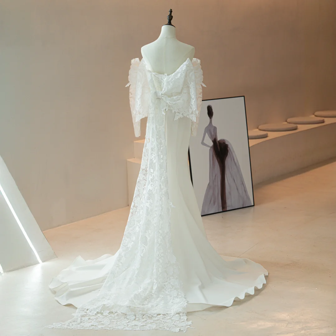 Robe de mariée sirène modeste à épaules dénudées, corset ajusté en dentelle, manches longues, ajustée et évasée, RB1616