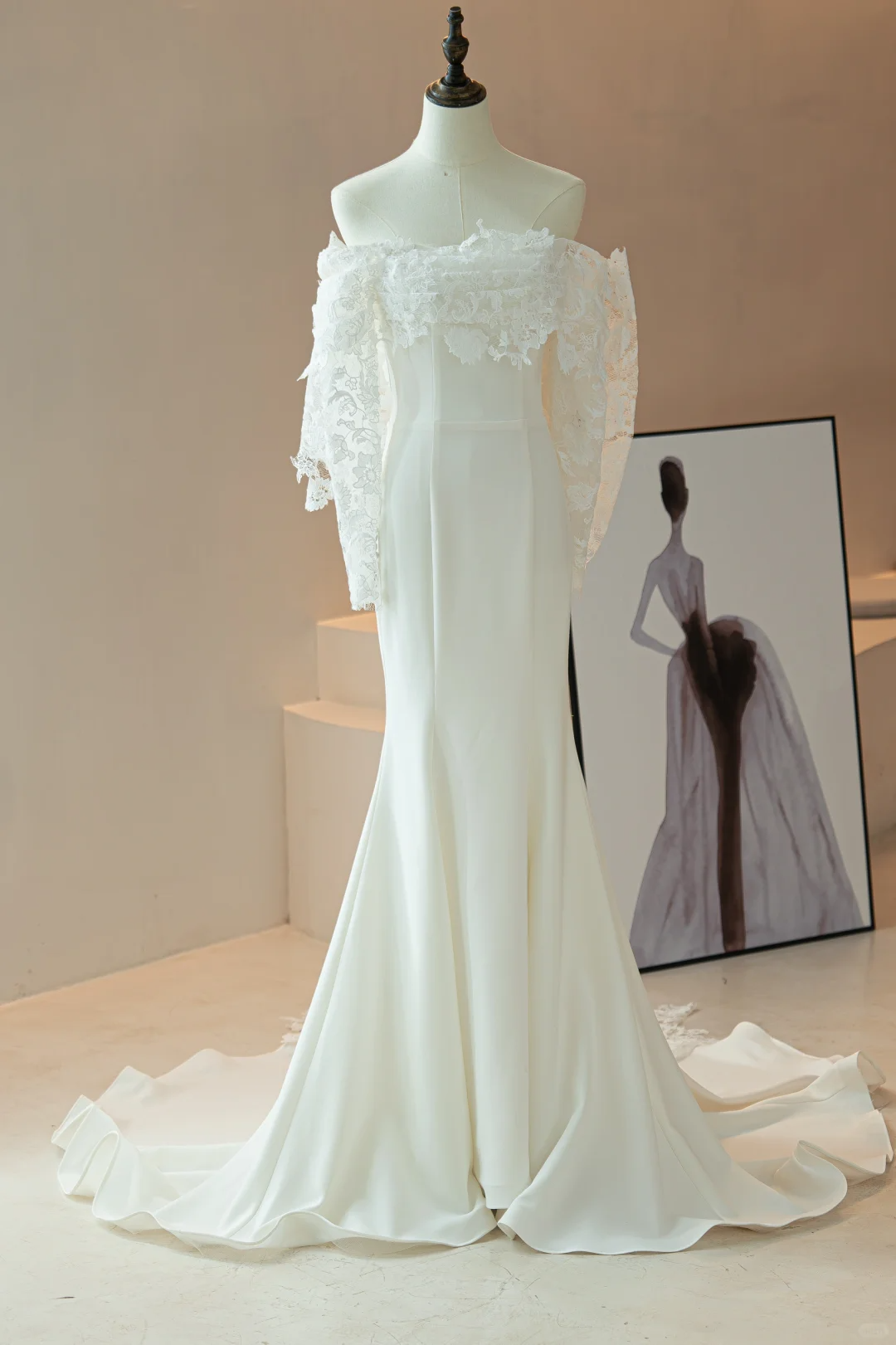 Robe de mariée sirène modeste à épaules dénudées, corset ajusté en dentelle, manches longues, ajustée et évasée, RB1616