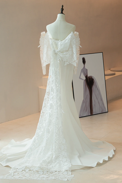 Robe de mariée sirène modeste à épaules dénudées, corset ajusté en dentelle, manches longues, ajustée et évasée, RB1616
