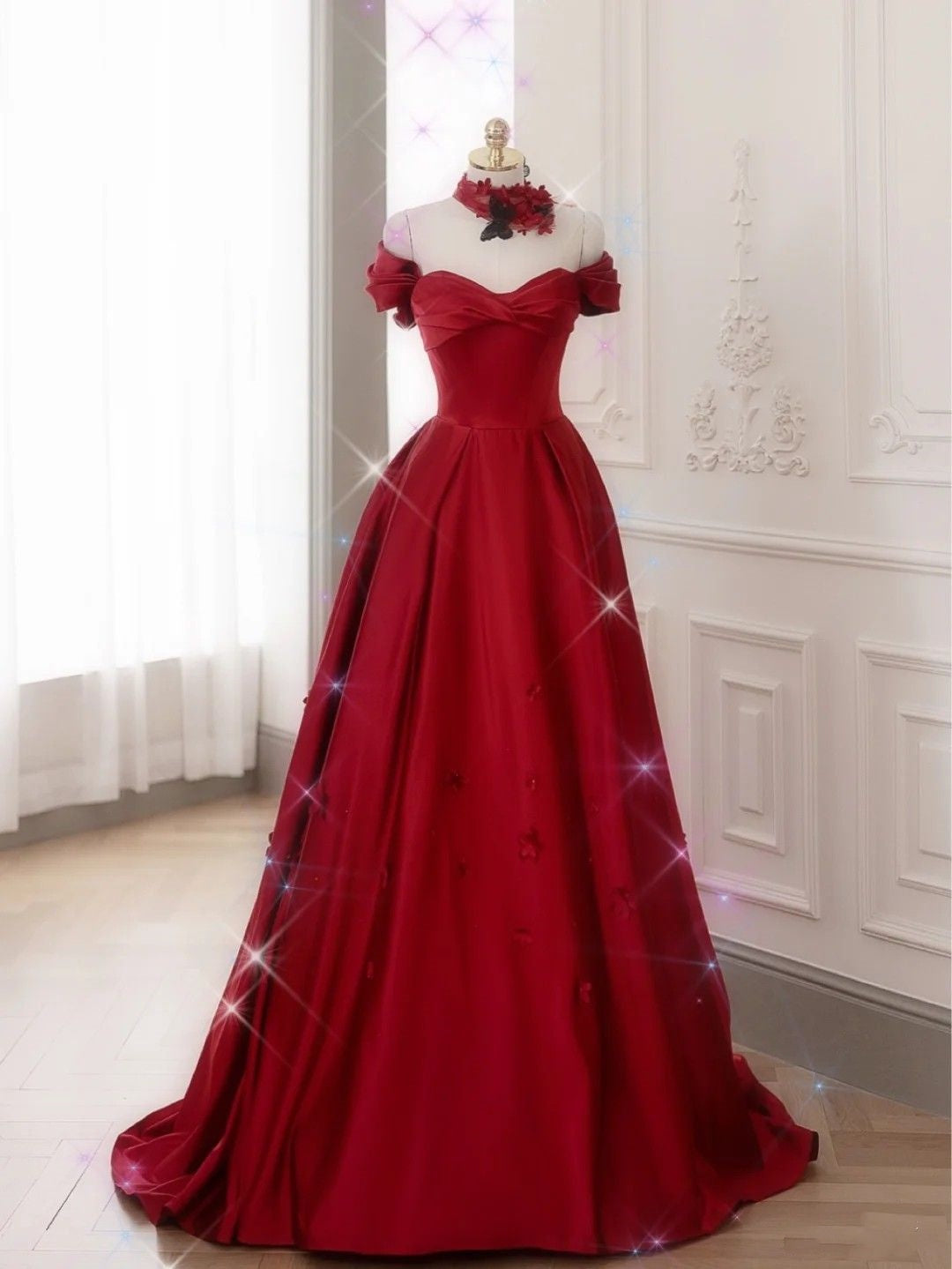 Charmante robe de bal à épaules dénudées en satin bordeaux, longue robe de bal, tenue impressionnante pour un 18e anniversaire, robe de bal RB1617