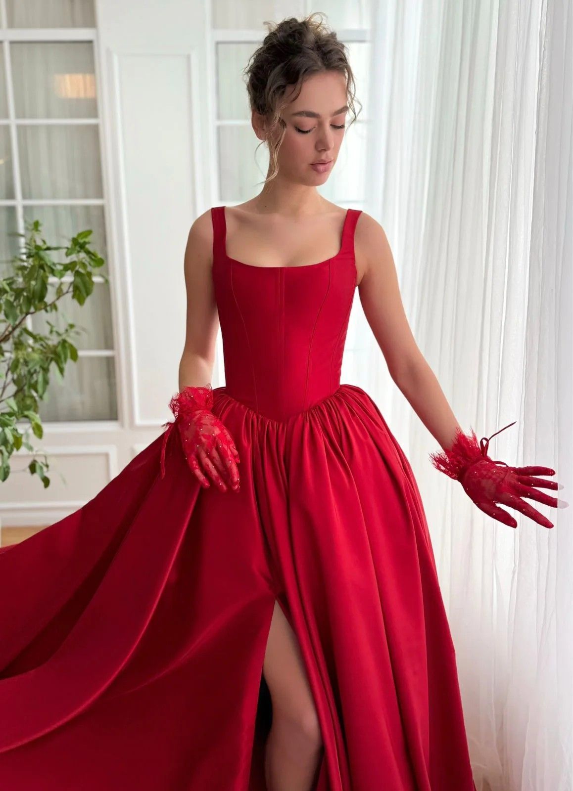 Robe de bal longue en satin rouge, coupe trapèze, col carré, fente latérale, pour adolescentes, tenue de soirée, anniversaire, RB1618
