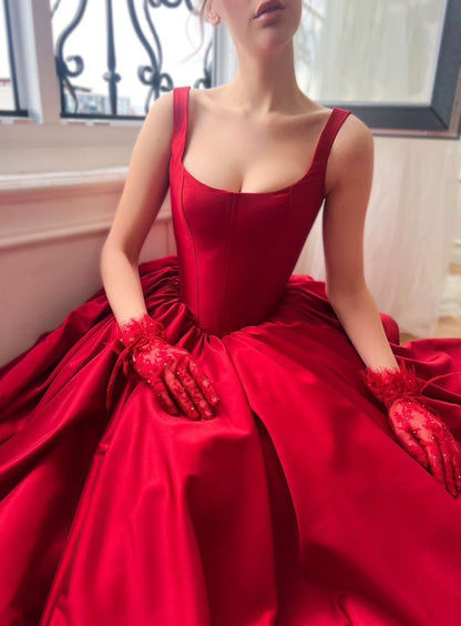 Robe de bal longue en satin rouge, coupe trapèze, col carré, fente latérale, pour adolescentes, tenue de soirée, anniversaire, RB1618