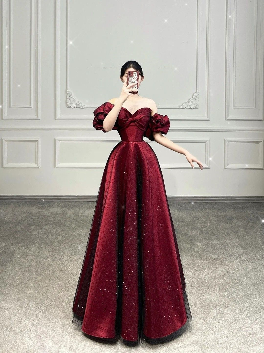 Charmante robe de bal à épaules dénudées en tulle bordeaux, longue robe de bal, tenue impressionnante pour un 18e anniversaire, robe de bal RB1619