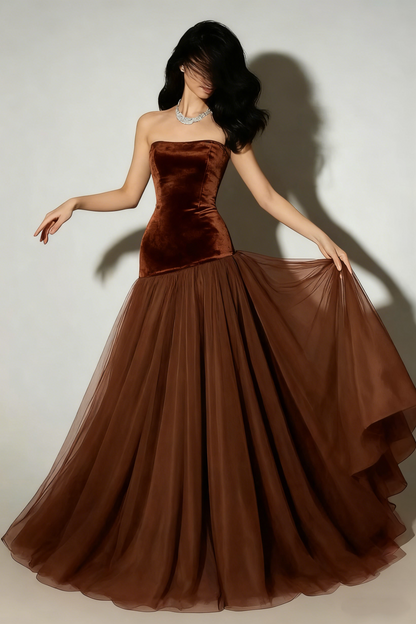 Vintage Mermaid Strapless Burgundy Tulle Long Prom Dresses For Teens Formal Dress 20th Birthday Outfits Prom Gown RB1628
