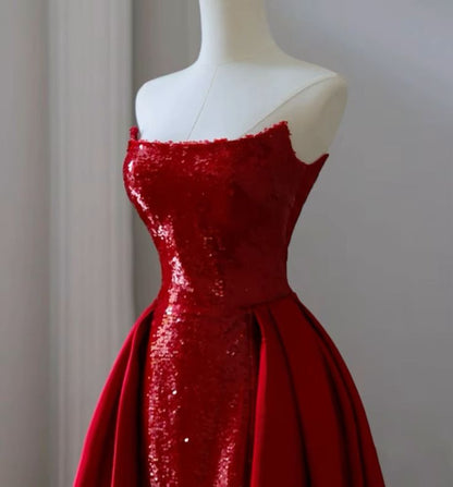 Sexy Mermaid Strapless Red Sequin With Bow Long Prom Dresses Impress 18th Birthday Outfits Prom Gown RB1646