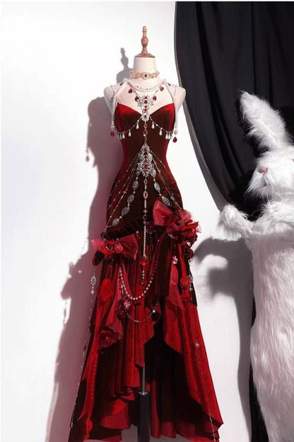 Vintage Mermaid Spaghetti Strap Burgundy Velvet Long Prom Dresses Impress 16th Birthday Outfits Prom Gown RB1643