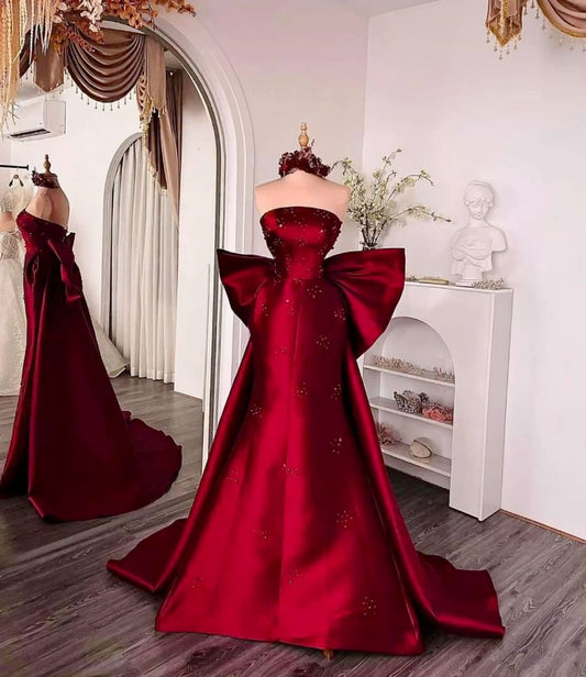 Chic Mermaid Strapless Burgundy Satin With Bow Long Prom Dresses Impress 18th Birthday Outfits Prom Gown RB1645