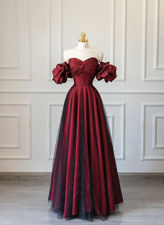 Modest Ball Gown Off The Shoulder Burgundy Black Tulle Long Prom Dresses Impress 18th Birthday Outfits Prom Gown RB1650