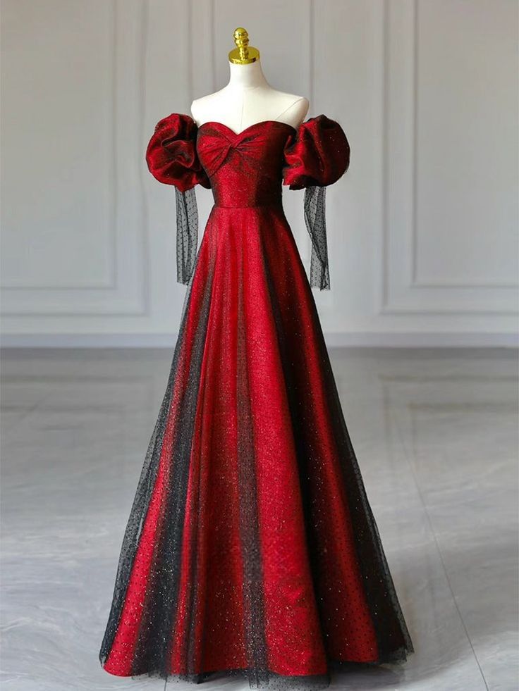 Robe de bal élégante à épaules dénudées, longue robe de bal en tulle rouge et noir, tenue de bal impressionnante pour un 18e anniversaire, robe de bal RB1651