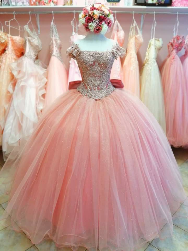 Cute Ball Gown Square Neck Light Pink Beaded Long Tulle Quinceanera Dress Sweet 15 16 Dresses RB1656