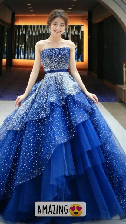 Princess Quinceanera Dresses Ball Gown Strapless Navy Blue Tulle Quince Outfits Vestidos De 15 Anos Formal Long Sweet 16 Dress RB1659