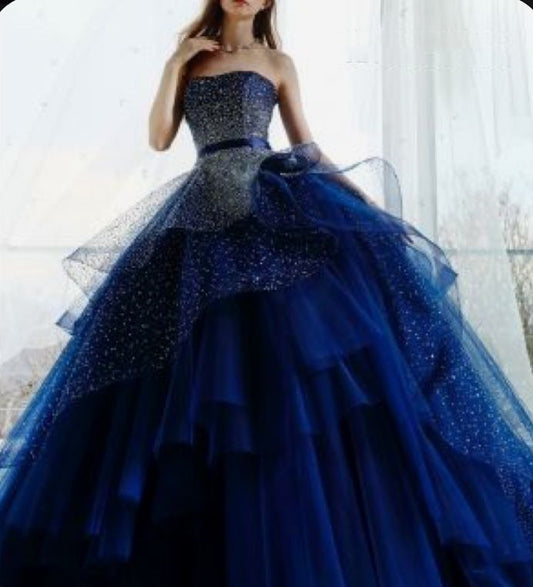 Princess Quinceanera Dresses Ball Gown Strapless Navy Blue Tulle Quince Outfits Vestidos De 15 Anos Formal Long Sweet 16 Dress RB1659