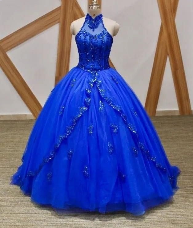 Robe de Quinceanera modeste, robe de bal, col haut, bleu roi, en tulle, robe de soirée formelle, longue, RB1660