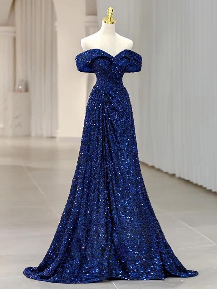 Charmante robe de bal sirène à épaules dénudées bleu roi à paillettes, longue robe de soirée pour 21e anniversaire, robe de remise de diplôme RB1665