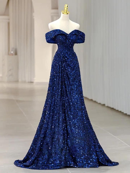 Charming Mermaid Off The Shoulder Royal Blue Sequin Prom Dresses Long Party Dress 21st Birthday Outfits Graduation Dress RB1665