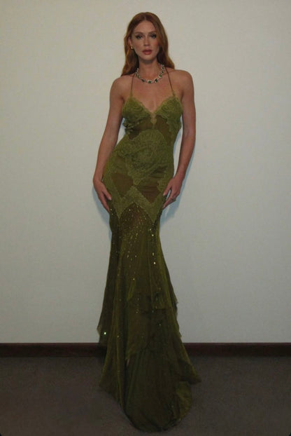 Robe de bal longue et sexy, style sirène, dos nu, en dentelle vert olive, tenue de bal pour un 20e anniversaire, RB1667