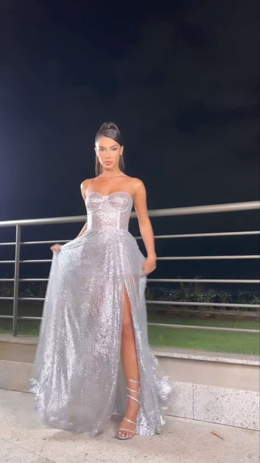 Simple A Line Spaghetti Straps White Sequin Slit Prom Dresses Impress Sweet 16 Birthday Outfits Prom Gown RB1669
