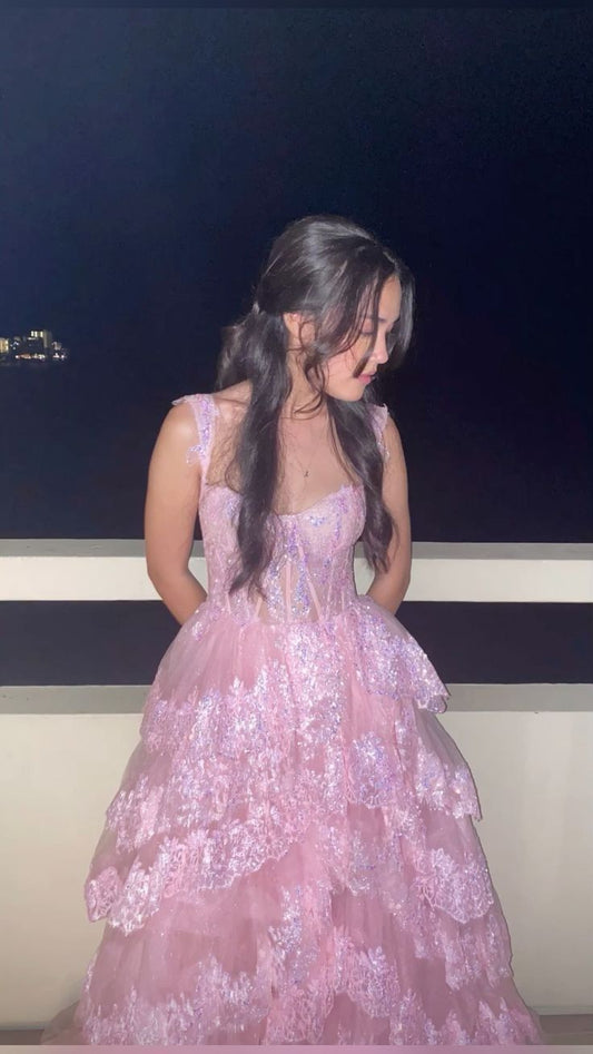 Cute Ball Gown Sweetheart Pink Lace Long Prom Dresses Impress 20th Birthday Outfits Prom Gown RB1670