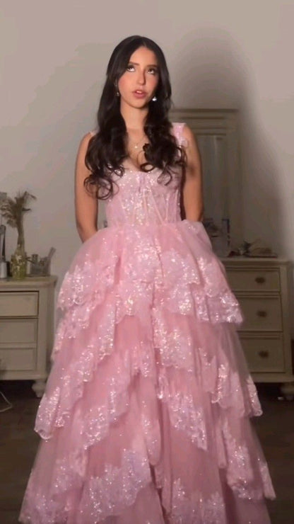 Robe de bal longue en dentelle rose, décolleté en cœur, tenue de bal impressionnante pour un 20e anniversaire, RB1670