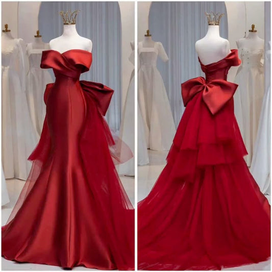 Charming Mermaid Off The Shoulder Red Satin Prom Dresses Long Party Dress 21st Birthday Outfits Graduation Dress RB1682
