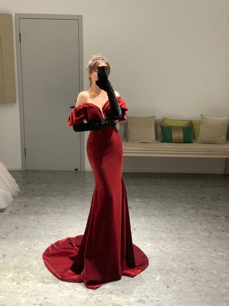 Robe de bal sirène en velours rouge, épaules dénudées, robe longue de soirée, tenue d'anniversaire, robe de remise de diplôme, RB1685