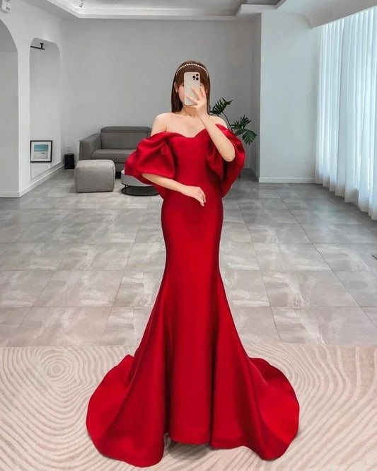 Modest Mermaid Off The Shoulder Red Prom Dresses Long Party Dress 21st Birthday Outfits Graduation Dress RB1686