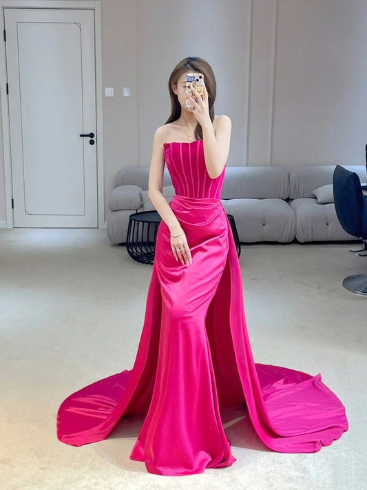 Chic Mermaid Strapless Satin Long Prom Dresses For Teens Formal Dress Birthday Outfits Prom Gown RB1702