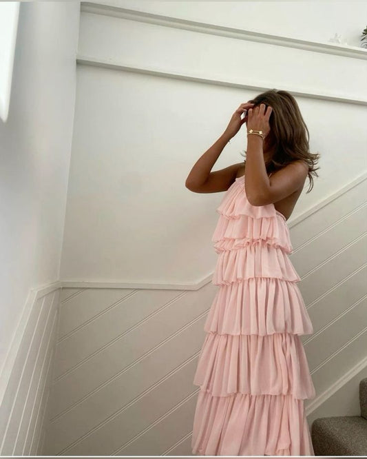 Schickes A-Linien-Abschlussballkleid mit hohem Halsausschnitt, rosa Chiffon, langes Ballkleid, formelles Kleid, Geburtstags-Outfits, Abendkleid RB1708
