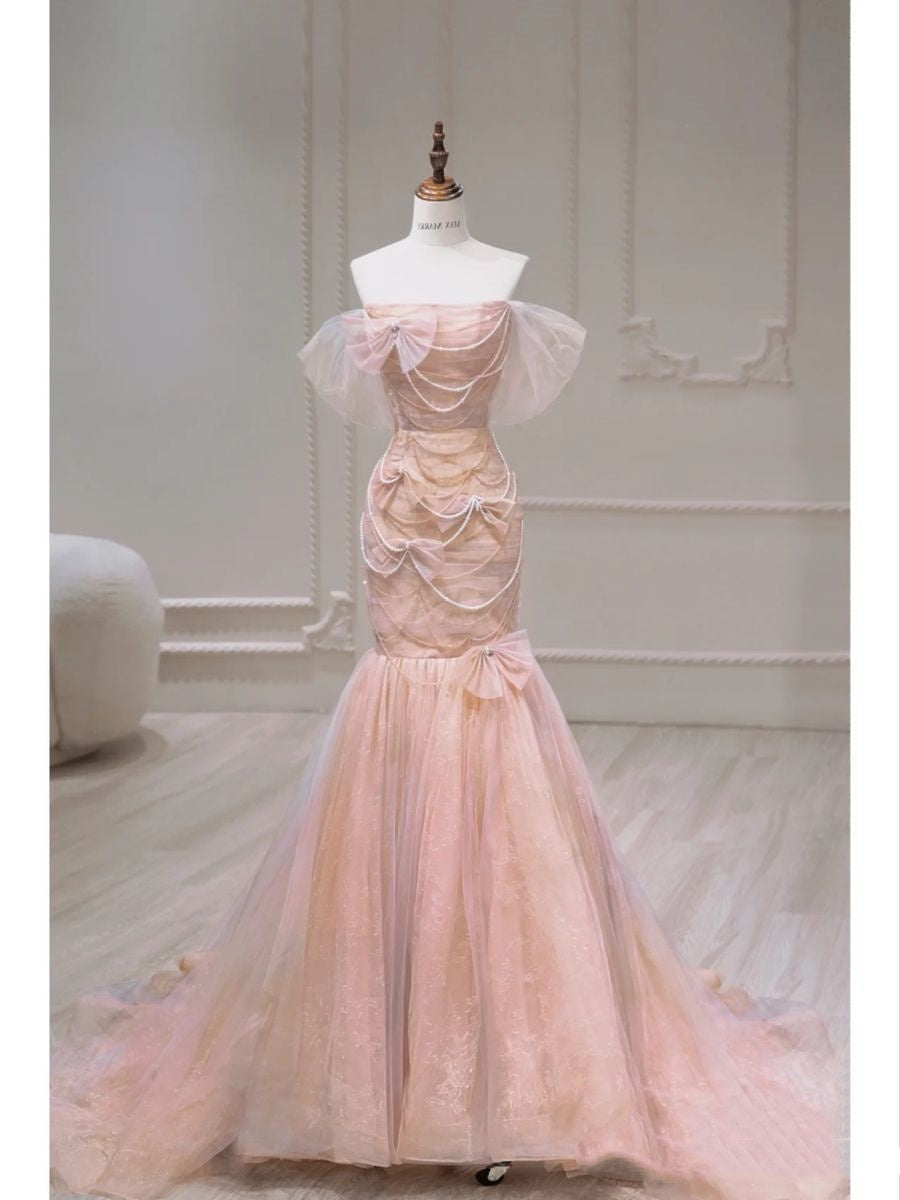 Robe de bal sirène modeste à épaules dénudées en tulle rose blush, longue robe de soirée pour 21e anniversaire, robe de remise de diplôme RB1715