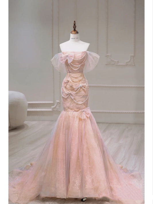 Modest Mermaid Off The Shoulder Blush Pink Tulle Prom Dresses Long Party Dress 21st Birthday Outfits Graduation Dress RB1715