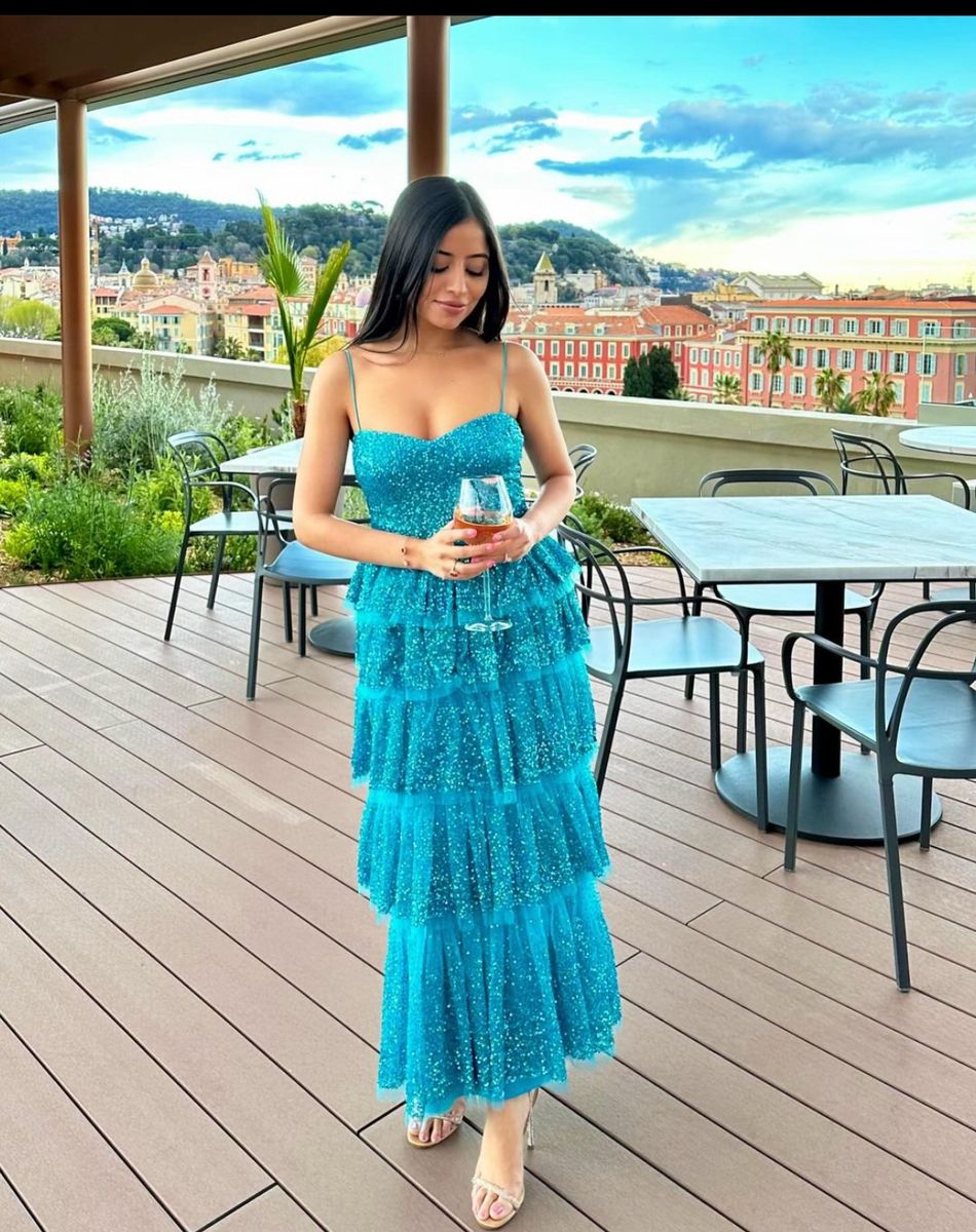 Robe de bal modeste à bretelles spaghetti en tulle bleu, robe de soirée, tenue de 16e anniversaire, robe de remise de diplôme RB1723