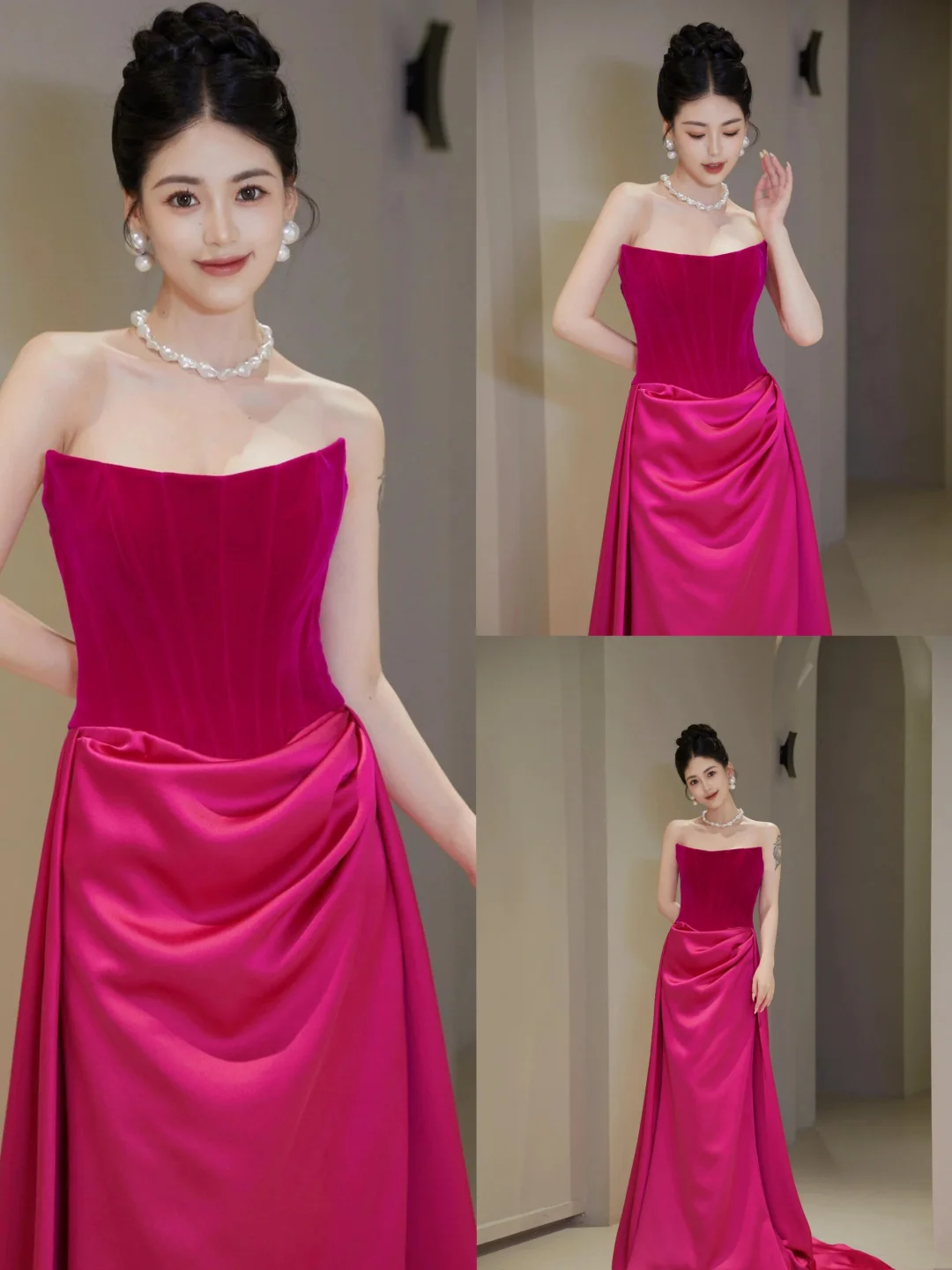 Pretty Sheath Strapless Fuchsia Senior Aesthetic Prom Dresses Satin Prom Gowns Formal Outfits Graduation Dress RB1767