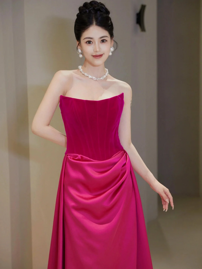Pretty Sheath Strapless Fuchsia Senior Aesthetic Prom Dresses Satin Prom Gowns Formal Outfits Graduation Dress RB1767