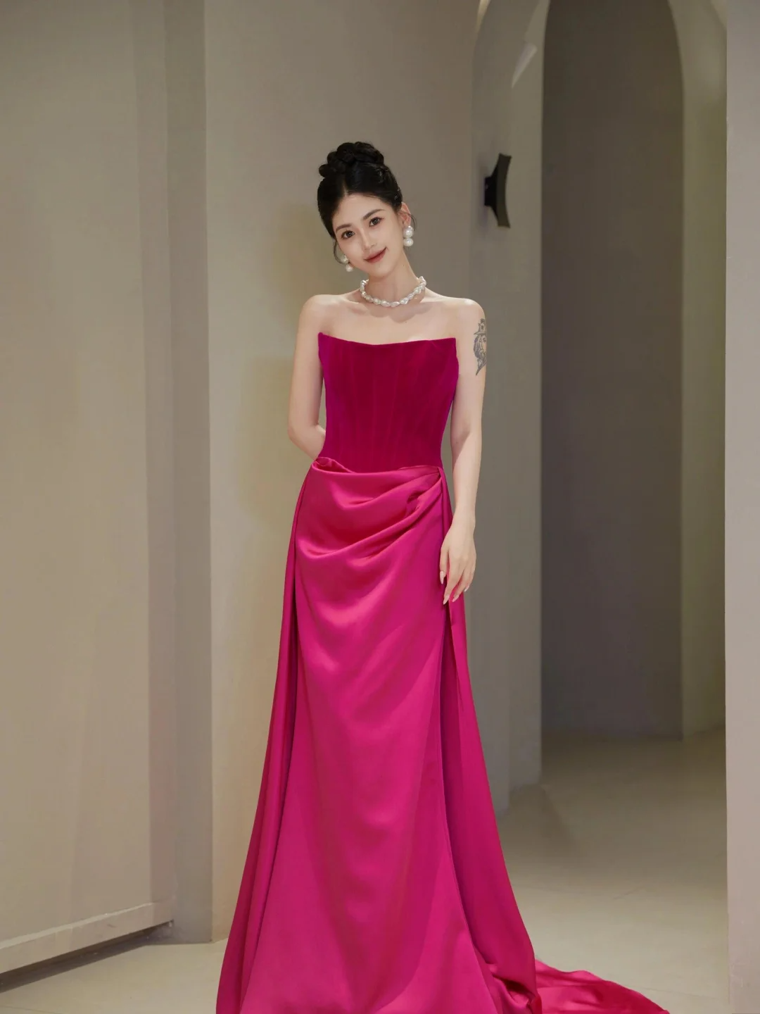 Pretty Sheath Strapless Fuchsia Senior Aesthetic Prom Dresses Satin Prom Gowns Formal Outfits Graduation Dress RB1767