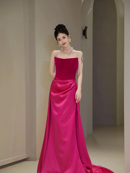 Pretty Sheath Strapless Fuchsia Senior Aesthetic Prom Dresses Satin Prom Gowns Formal Outfits Graduation Dress RB1767