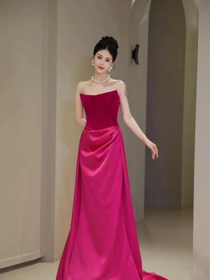 Pretty Sheath Strapless Fuchsia Senior Aesthetic Prom Dresses Satin Prom Gowns Formal Outfits Graduation Dress RB1767