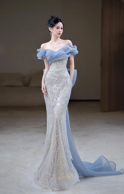 Robe de bal élégante à paillettes et épaules dénudées, style sirène, tenue de soirée pour 18 ans, RB1778