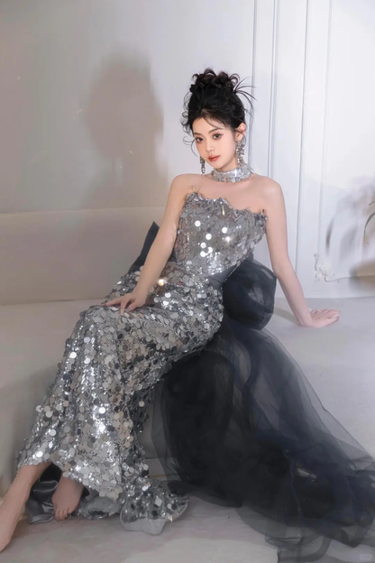 Robe de bal sirène brillante sans bretelles à paillettes argentées, tenue de soirée pour 18e anniversaire, robe de bal RB1780