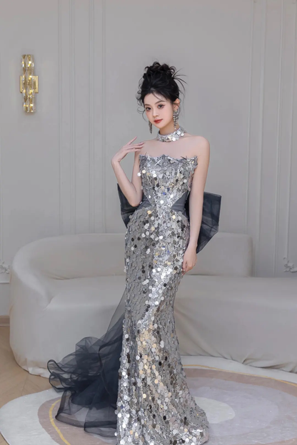 Robe de bal sirène brillante sans bretelles à paillettes argentées, tenue de soirée pour 18e anniversaire, robe de bal RB1780