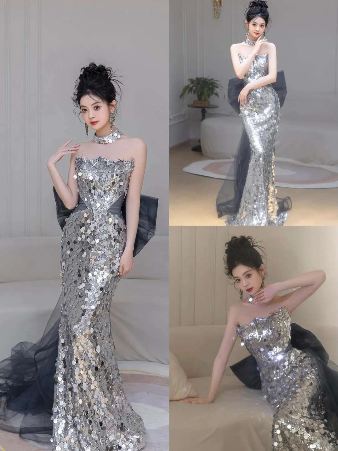 Robe de bal sirène brillante sans bretelles à paillettes argentées, tenue de soirée pour 18e anniversaire, robe de bal RB1780