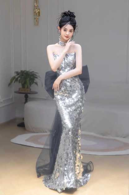 Robe de bal sirène brillante sans bretelles à paillettes argentées, tenue de soirée pour 18e anniversaire, robe de bal RB1780
