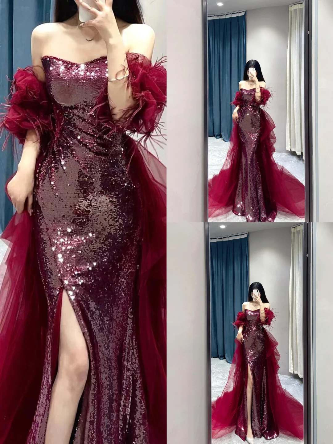Robe de bal sirène sans bretelles à paillettes bordeaux fendue, tenue de soirée pour 18 ans, RB1781