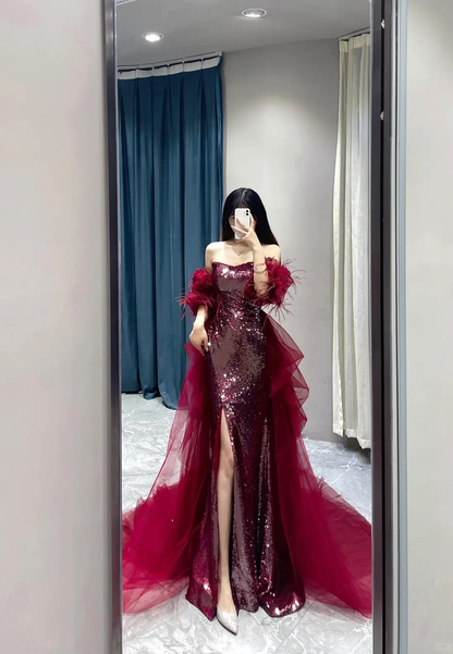 Robe de bal sirène sans bretelles à paillettes bordeaux fendue, tenue de soirée pour 18 ans, RB1781