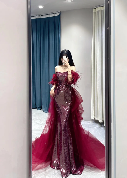 Robe de bal sirène sans bretelles à paillettes bordeaux fendue, tenue de soirée pour 18 ans, RB1781
