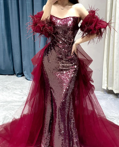 Robe de bal sirène sans bretelles à paillettes bordeaux fendue, tenue de soirée pour 18 ans, RB1781