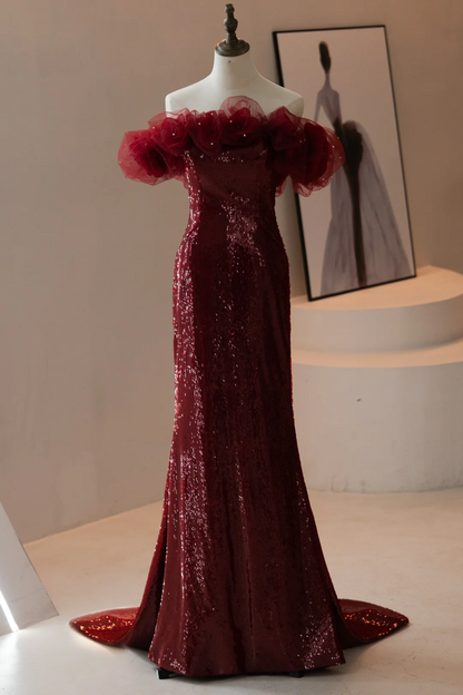 Classy Mermaid Off The Shoulder Burgundy Sequin Prom Dresses Formal Dress 18th Birthday Outfits Prom Gown RB1784