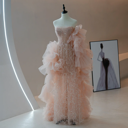 Robe de bal de fin d'année rose à paillettes et perles, coupe trapèze, sans bretelles, tenue de soirée pour 18 ans, RB1794