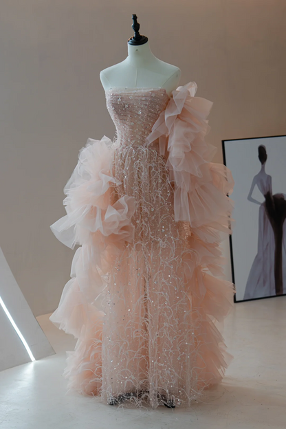 Robe de bal de fin d'année rose à paillettes et perles, coupe trapèze, sans bretelles, tenue de soirée pour 18 ans, RB1794