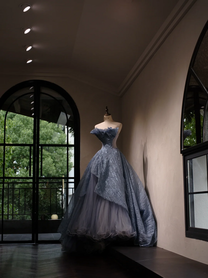 Charmante robe de bal bustier en tulle bleu poudré plissé, longue robe de Quinceanera, Sweet 15/16, RB1797