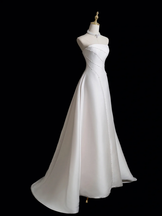 Vintage Ball Gown Strapless Sleeveless Satin Fitted Long Wedding Dress Bride Gown Wedding Dresses RB1846
